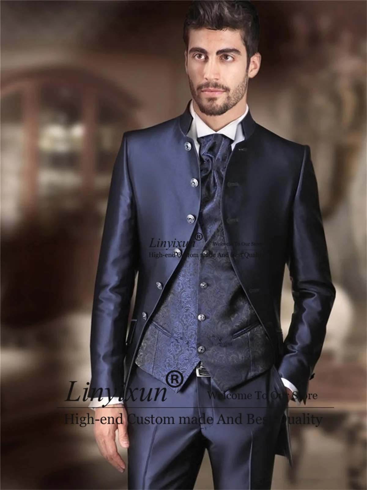 

Handsome Navy Blue Wedding Suits For Men Jacquard Waistcoat 3 Pieces Set Groom Tuxedo Slim Fit Prom Dinner Blazers Costume Homme