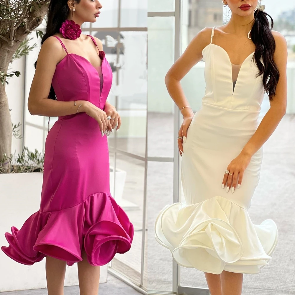 High Quality Sparkle Exquisite Satin Flower Birthday Mermaid Spaghetti Strap Bespoke Occasion Gown Midi Dresses