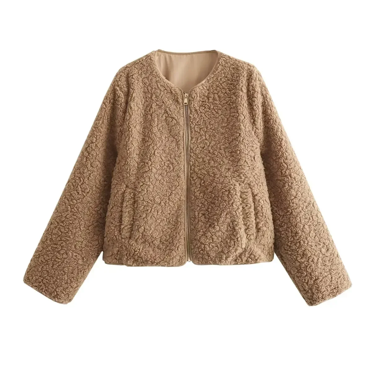 O-Neck Women's Winter Fleece Jackets for Women 2023 Front Zipper with Pockets Coats Female Long Sleeve Warm Outerwear