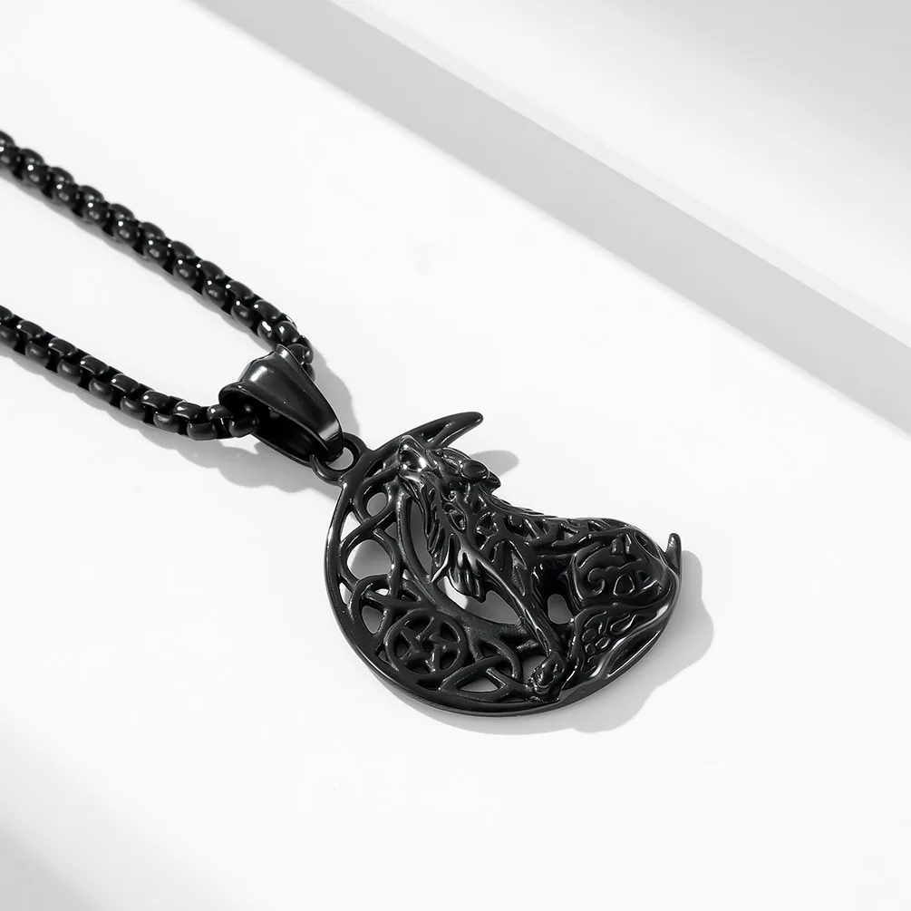 Fashion Vintage Style Jewelry Nordic Celtic Wolf Moon Hollow Pendant Stainless Steel Necklaces for Men