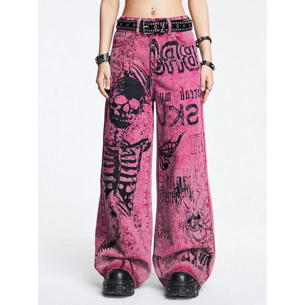 Pink Y2K Grunge Baggy Jeans Vintage Gothic Graffiti Skull Print 3D Lettering High Waist Wide Leg Pants Punk Fashion Streetwear