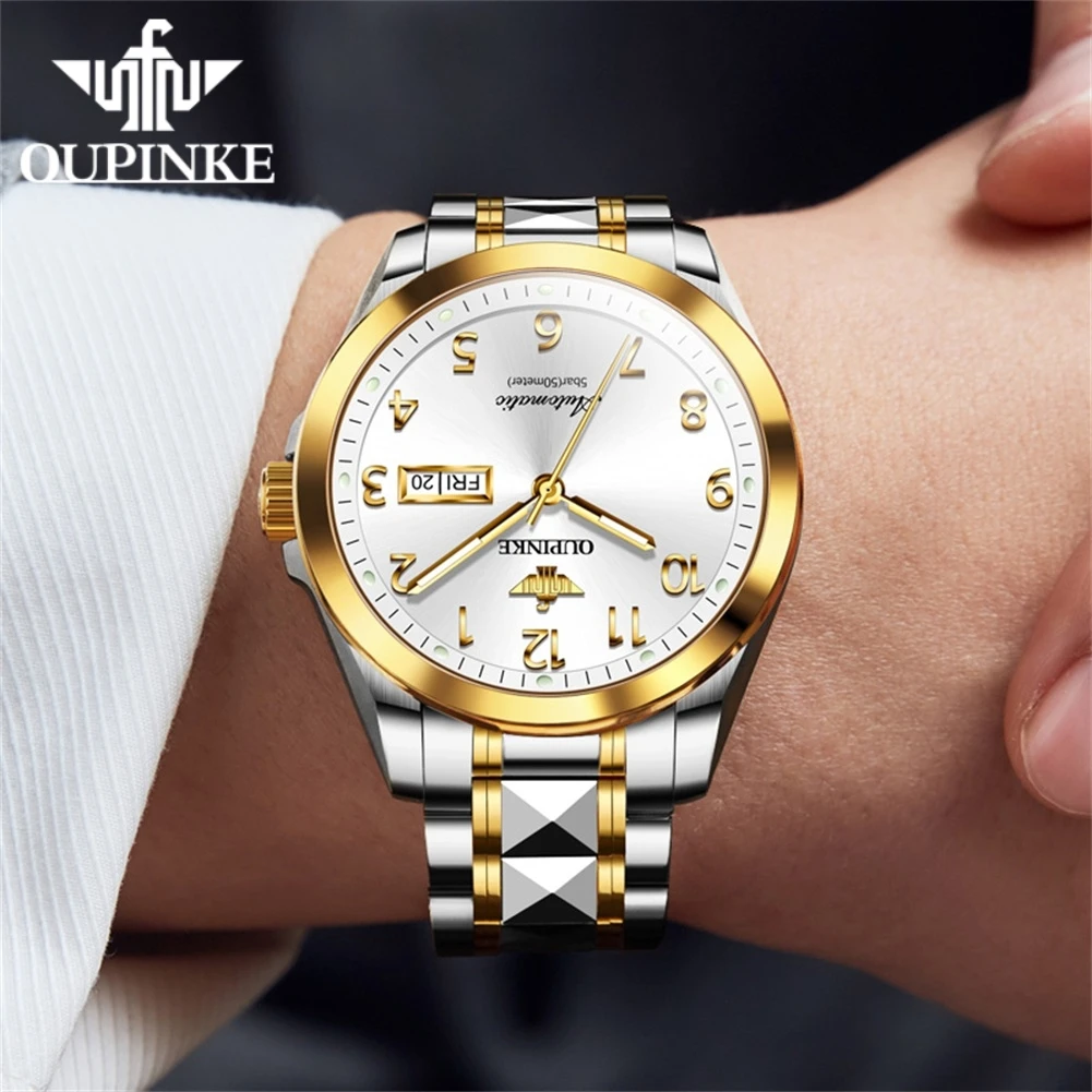 OUPINKE 3228 Man Watch Number Scale Dual Calendar Mechanical Watch For Men Sapphire Mirror Top Brand Waterproof Men's Wristwatch