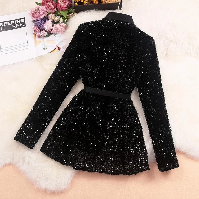 New Fashion Women Shiny Double-breasted Sequins Suit Jacket Female Cotton Coat Black Slim Fit Blazers Fall Clothes with Belt soda shiny top coat sparklethedayaway сияющий топ коат для губ