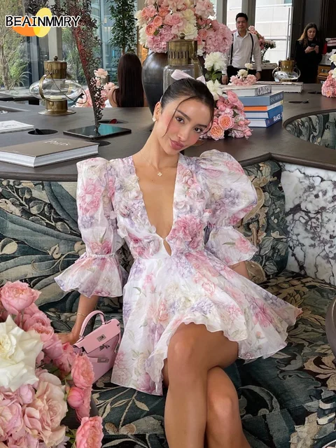 Robe courte en mousseline de soie rose doux pour femmes, mode fleur 3D, manches bouffantes, col en V, taille haute, ligne A, Robes superposées, nouvelle collection 1