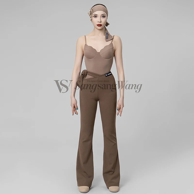

Adult Latin Dance Clothes Women Lace Bodysuit Brown Black Pants Ballroom Dance Practice Wear Cha Cha Dance Costume DNV18596