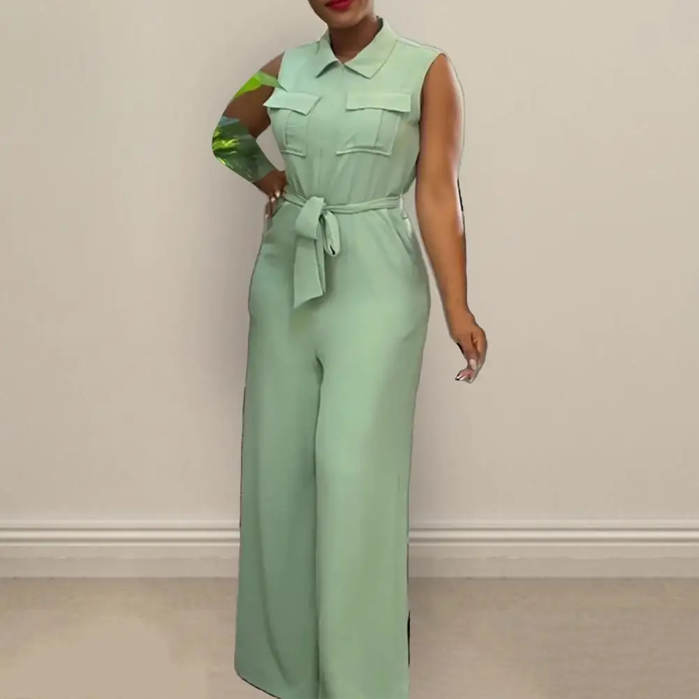 Solid Color Lace-up Jumpsuit Elegant Wide Leg Jumpsuit with Front Zipper Closure Belted High Waist Formal Business for Women