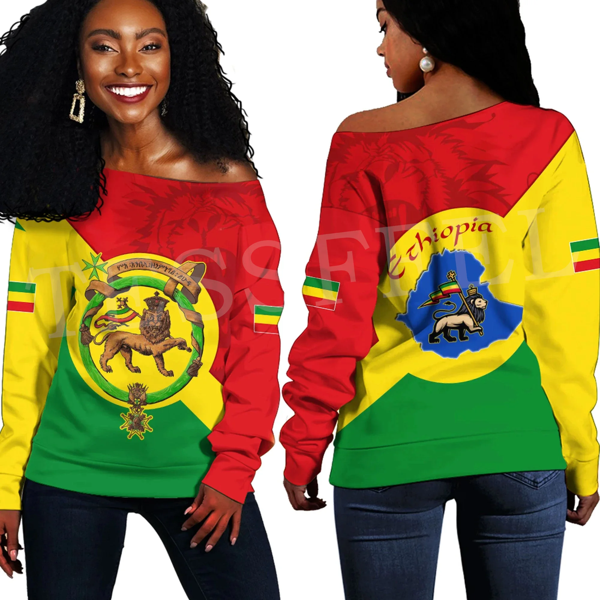 NewFashion Africa Country Ethiopia Flag Retro Tribe Off Shoulder Sweatshirt Long Sleeves 3DPrint Harajuku Women Funny Casual AG5
