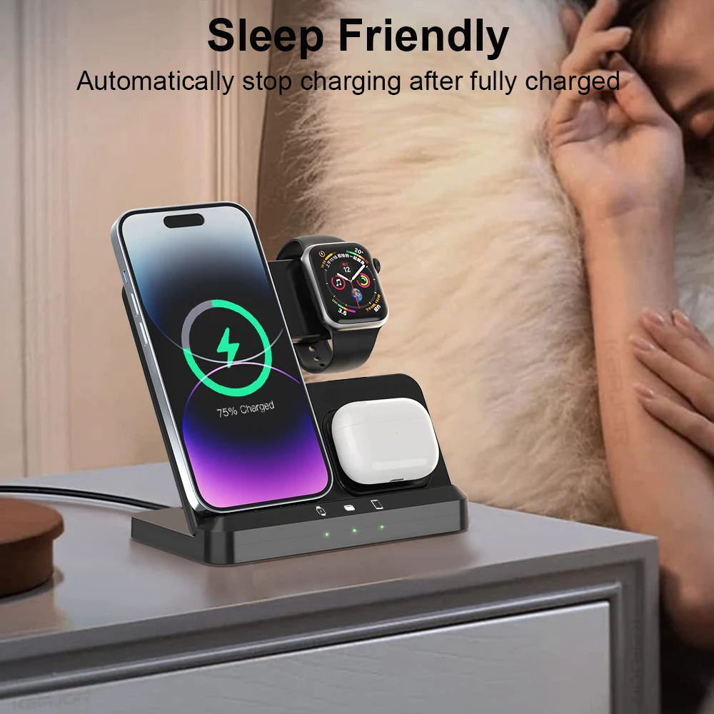 Wireless Charger 3 in 1 Wireless Charging Stand Foldable Fast Charging Station for iPhone 15 14 13 12 Apple Watch 9 8 7 6 5