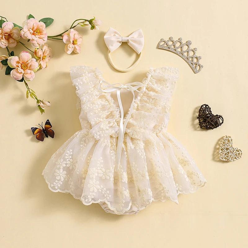 BabyGirlsSummerRompersClothesPrincessElegantFlowerEmbroidery