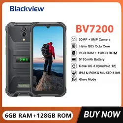 Blackview BV7200 Waterproof Rugged Smartphone Helio G85 Octa Core 6GB+128GB 6.1Inch 50MP Camera Mobile Phone 5180mAh Battery NFC