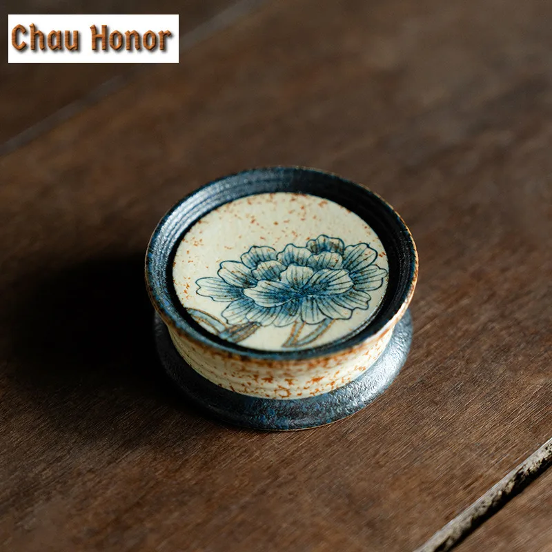 Blue And White Flint Red Teapot Cover Holder Handmade Gold Drawing Peony Flower Cover Frame Zisha Pot Lid Shelf Teaware Craft