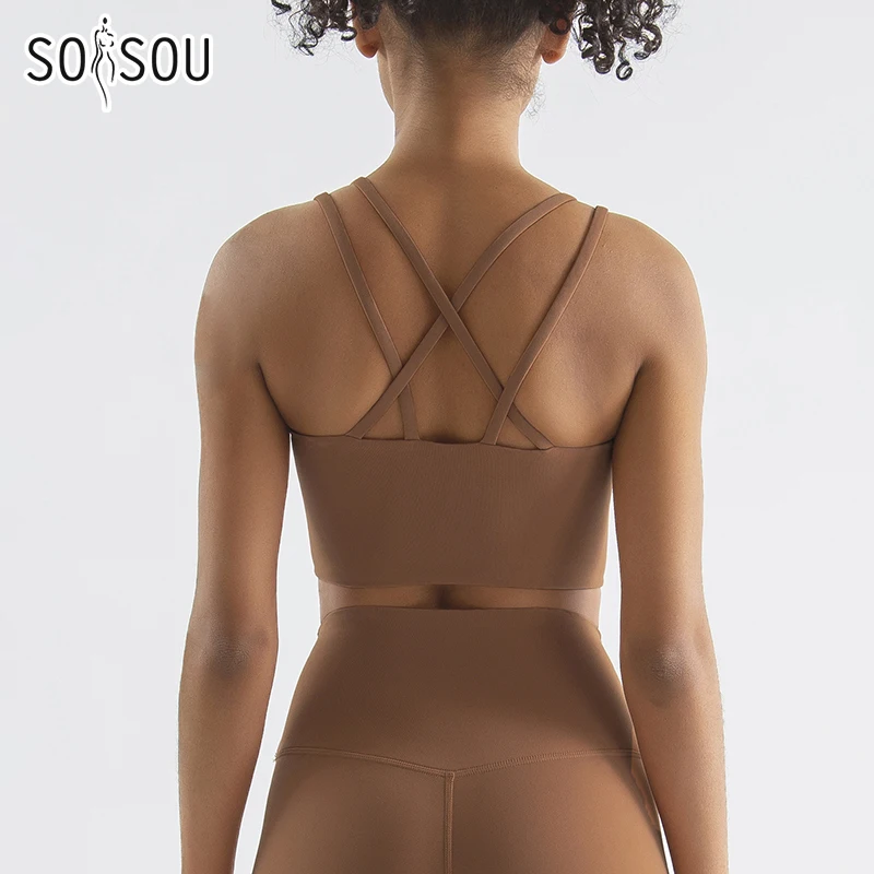 SOISOU New Nylon Top Women Sports Bra Yoga Gym Fitness Bras For Women Elastic Sexy Cross Back Women's Underwear Bralette