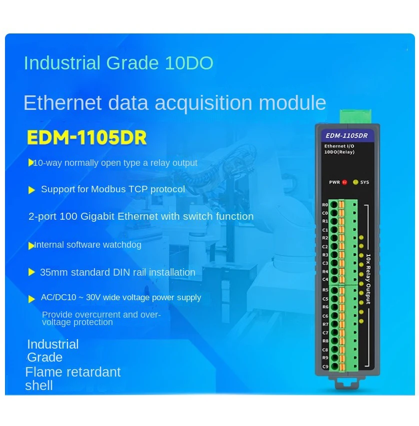 10Channel Relay Output Acquisition Module Remote I/O to 2-port Ethernet Modbus T