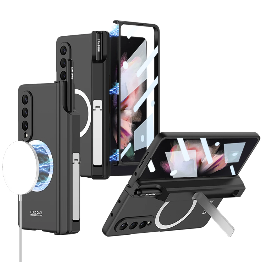 For Magsafe Samsung Galaxy Z Fold 3 Case Wireless Charging Magnetic Hinge Pen Holder Kickstand Shockproof Hard Cover Accessories