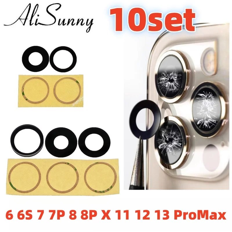 AliSunny 10pcs 후면 카메라 유리 iPhone 7 8 Plus 6 6S 6Plus 7Plus X XR XS Max 11 12 후면 커버 렌즈 3M 스티커 홀더 부품