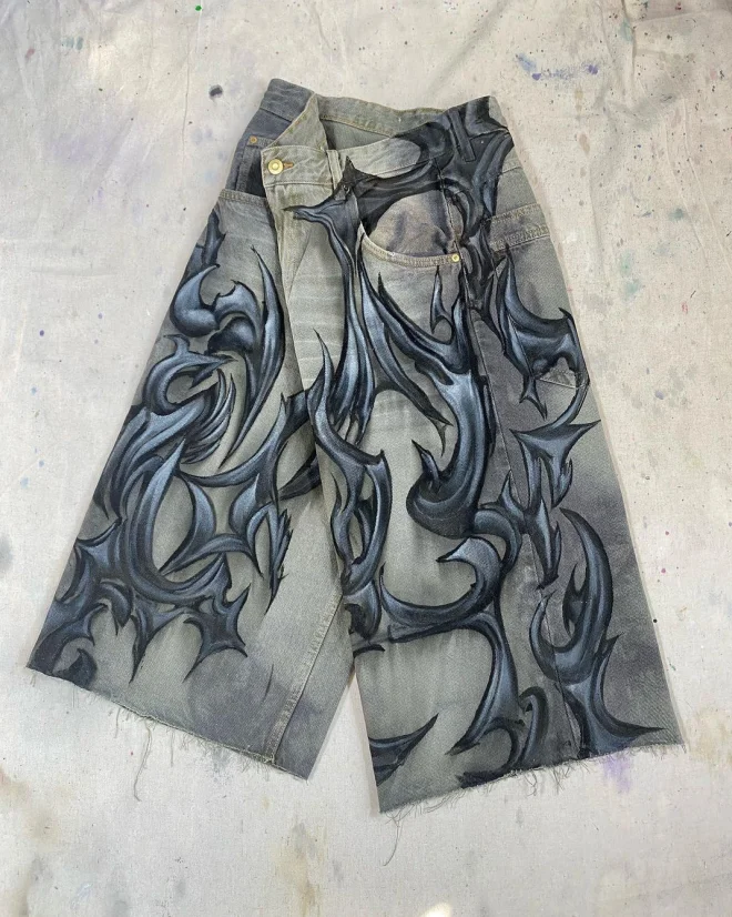Denim Shorts Sfumato dark pattern loose washed old blue hip hop street men's zipper straight wide leg niche casual printed denim cut shorts denim shorts summer jeans shorts