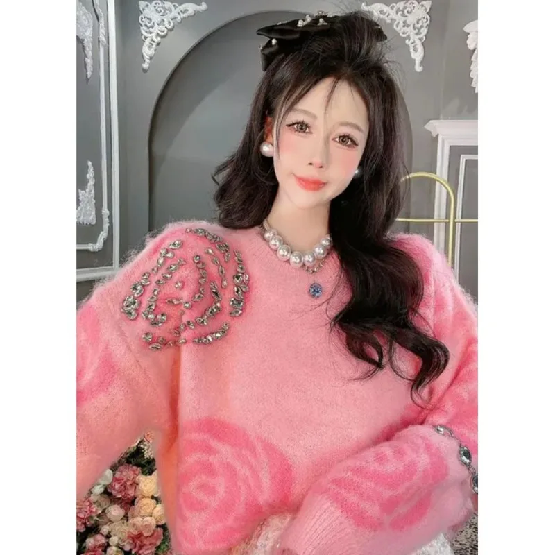 

Pullover top women's autumn and winter new thickened mink down heavy industry hand-set diamond knit sweater loose