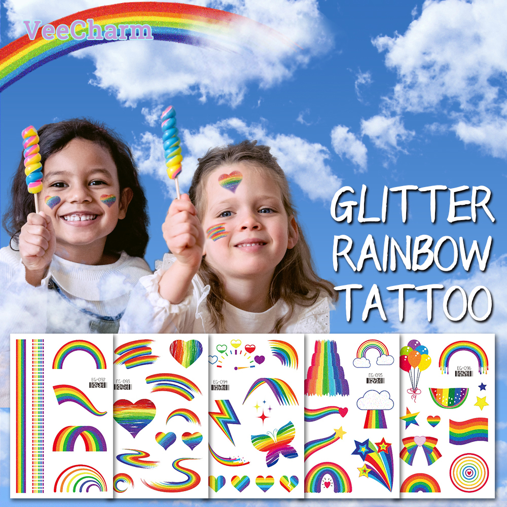 VeeCharm 1/15 Sheet Glitter Rainbow Butterfly Flower Heart Love Temporary Tattoo Stickers Pride Festivals & Celebrations