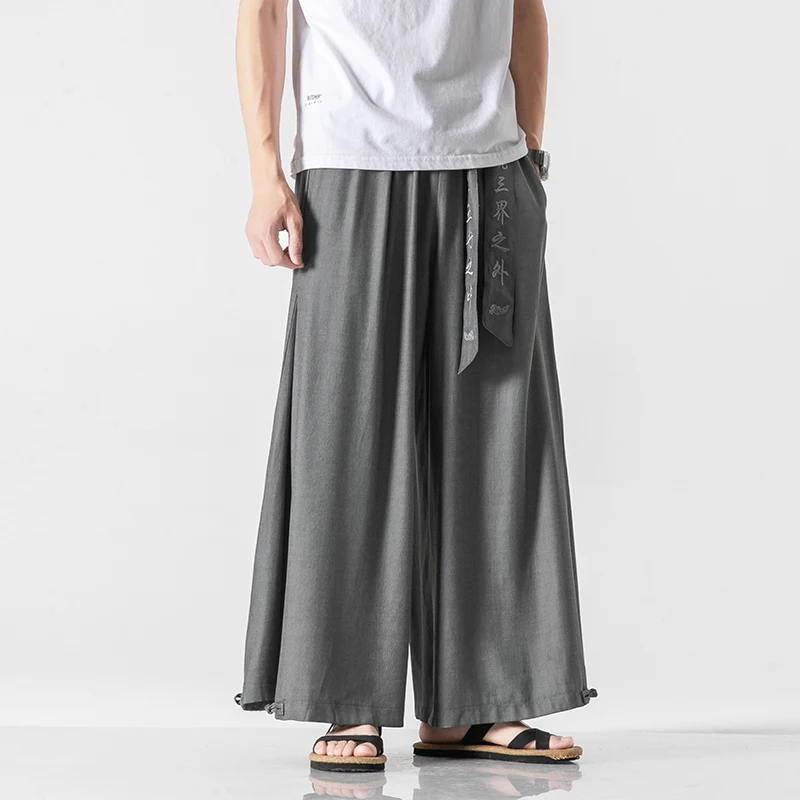 5XL Light Blue Chinese Style Wide Leg Trousers Streetwear Loose Cotton And Linen Hakama Black Wide Pants For Mens Japanese Zen