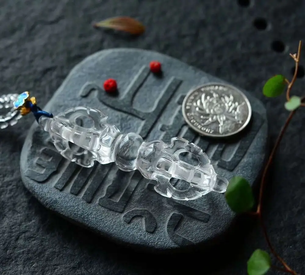 Natural Clear Crystal Quartz Rock Stone Carved Vajra Dorje Phurpa Dagger Pendant 4