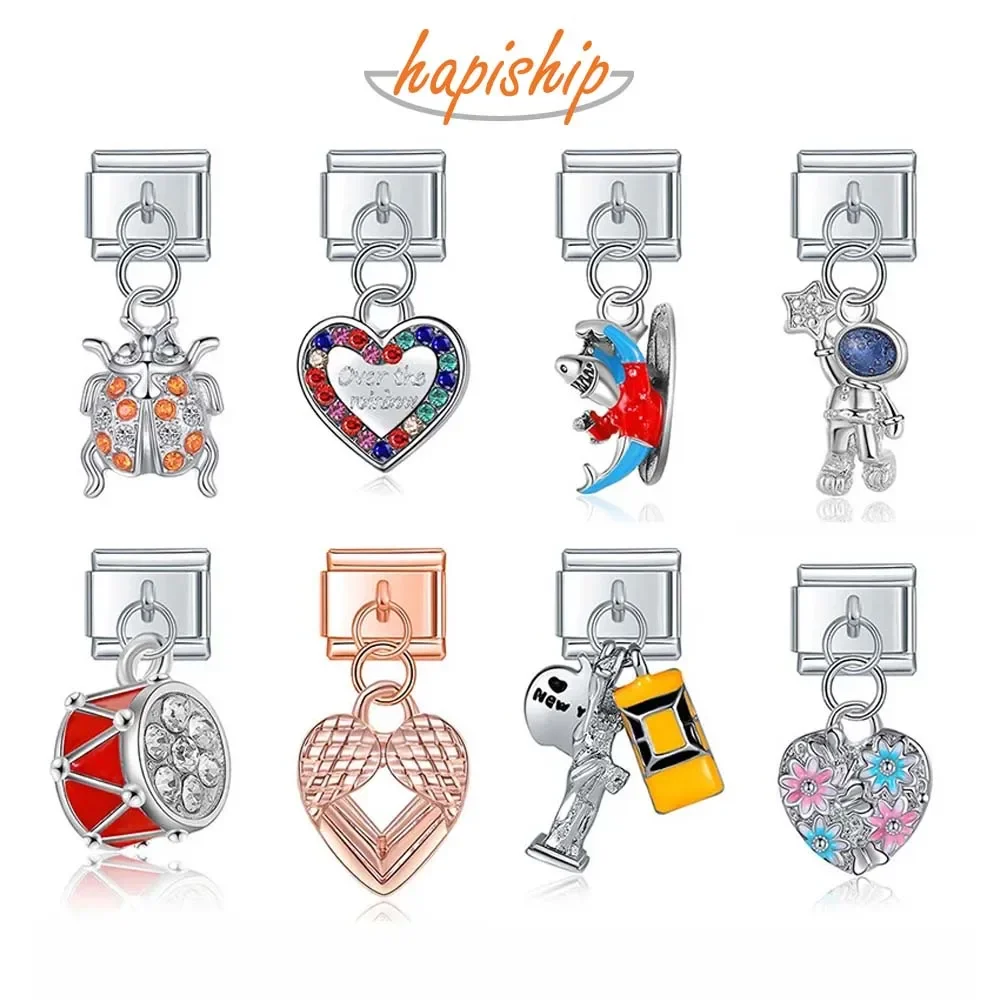 Hapiship moda corazón mariposa escarabajos astronautas tiburón encanto enlace italiano ajuste DIY 9mm pulsera de acero inoxidable joyería DJ543
