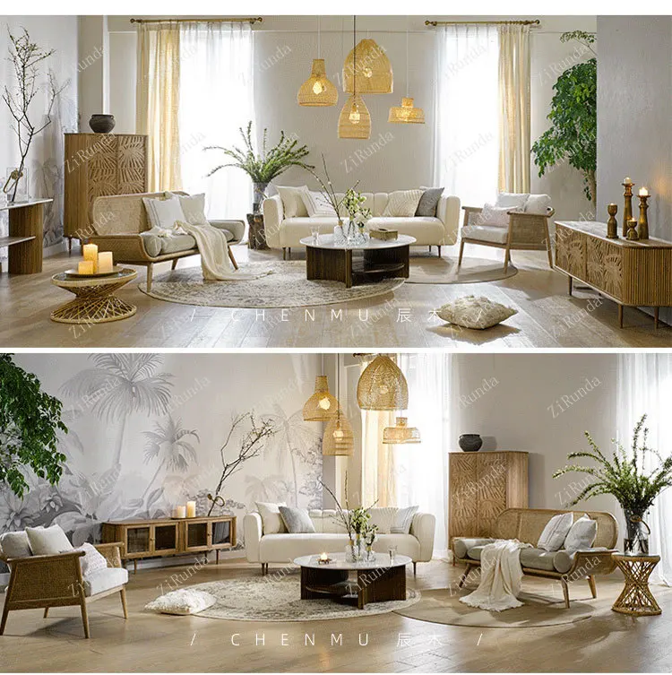 ~Y Solid wood rattan sofa chair designer Nordic ins simple living room double triple rattan chair homestay small apartment