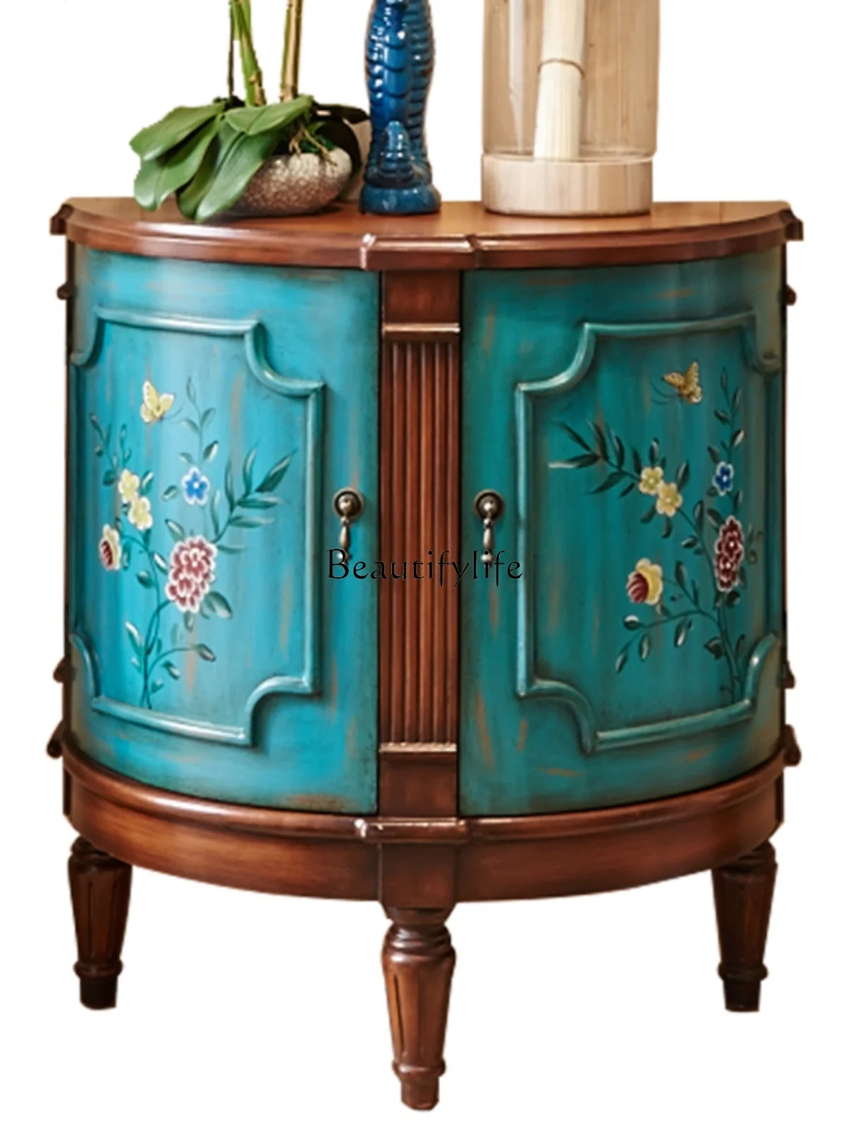 

American Country Retro Entrance Cabinet Semicircle Painted Solid Wood Dining Edge Decoration Storage Shoe Cabinet