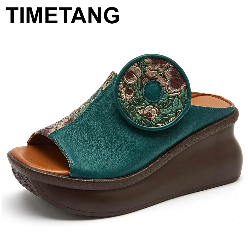 

Women Sandals 2023 Luxury Designer 7cm Ethnic Appliques Genuine Leather Summer Platform Leisure Females Slippers Shoes