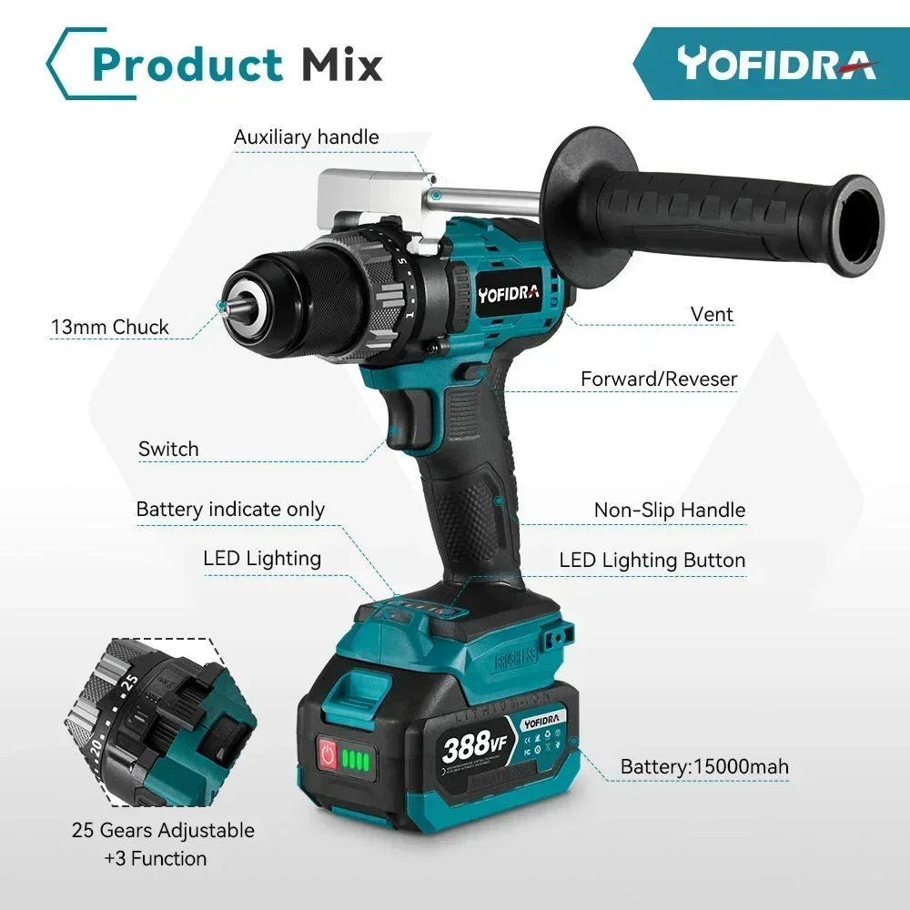 YOFIDRA Electric Drill 650N.m 13mm Brushless 25 plus 3 Torque Multifunction Home DIY Breaking Power Tool Compatible with Makita 18V Battery Pin - Image 2