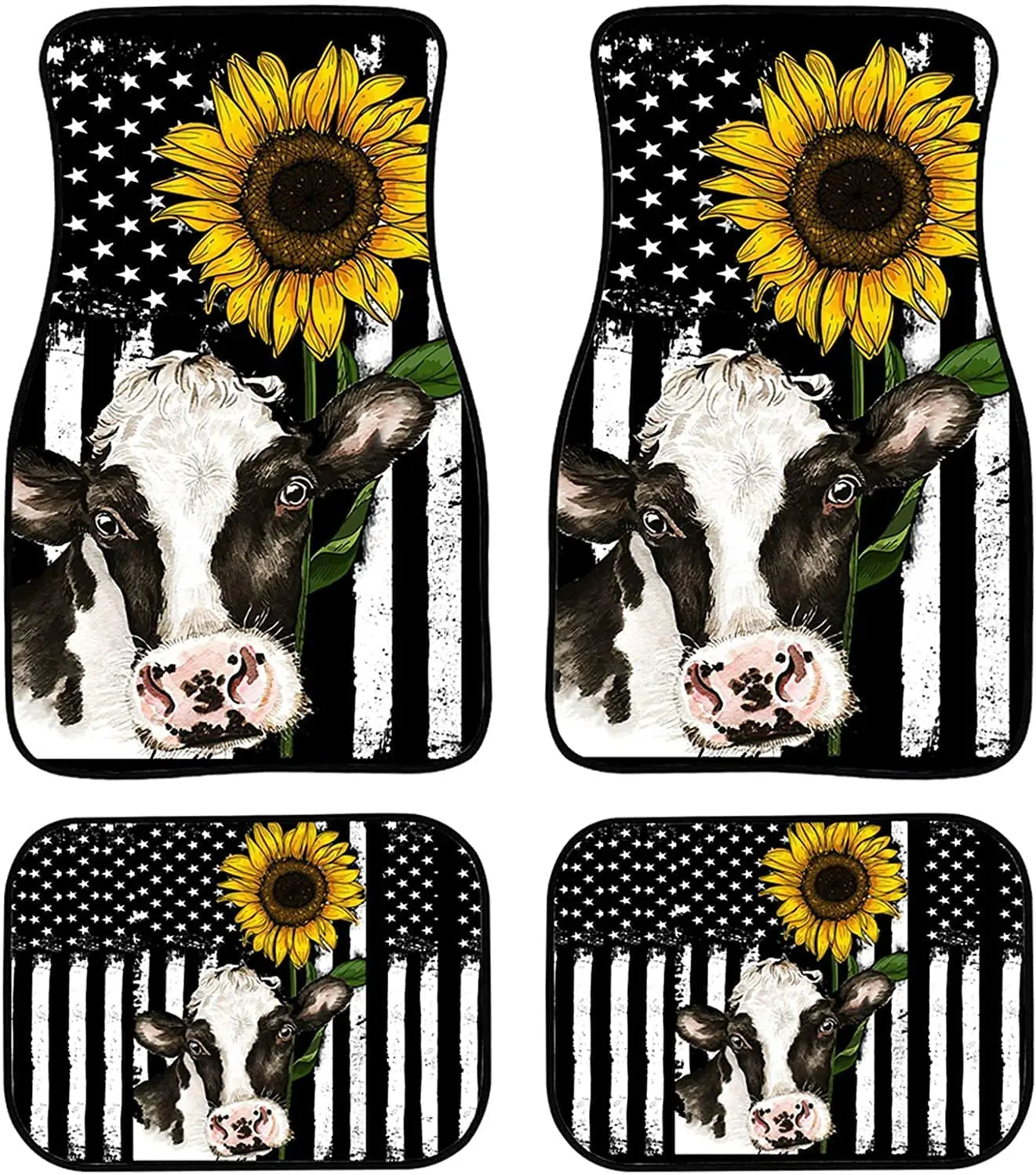 

Jndtueit American Flag Cow Sunflower Printed Carpet Floor Mats Full Set Automotive Accessories 4-Piece All Season with Non Slip