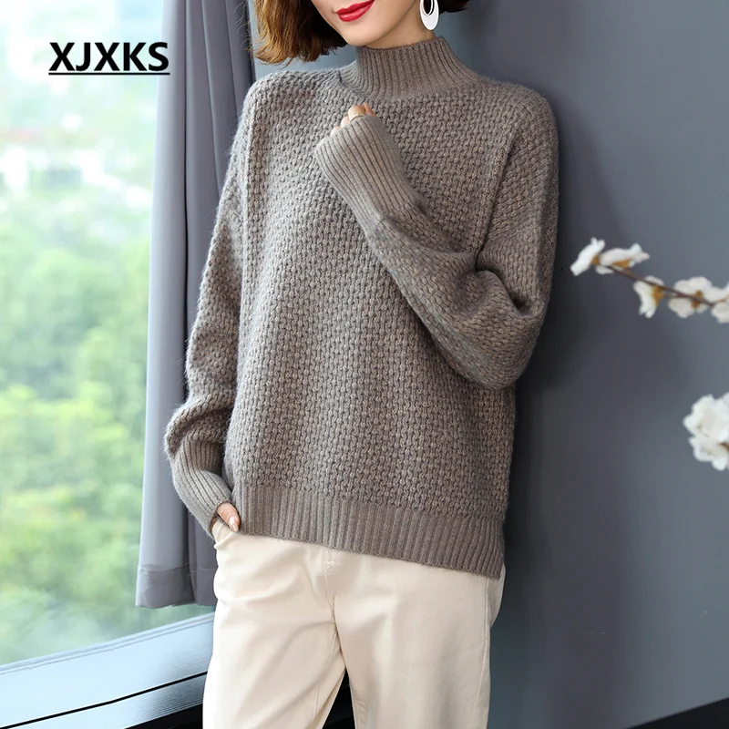 

XJXKS 2022 Winter Latest Thickening Warm Women's Turtleneck Sweater Loose Plus Size Wool Knitted Pullover Solid Color All-match