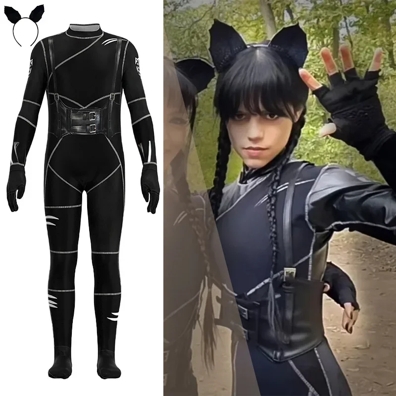 

Wednesday Addams Cosplay Costumes Black Cat Jumpsuits Ears Headband Outfit Catsuit Halloween Party Suit For Kids Girls Costum