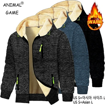 Animal Game Casual Hooded for Men Heavyweight Fleece Sweatshirts Thick Sherpa Lined Zipper Jacket Thick Streetwear Hoodies Coats