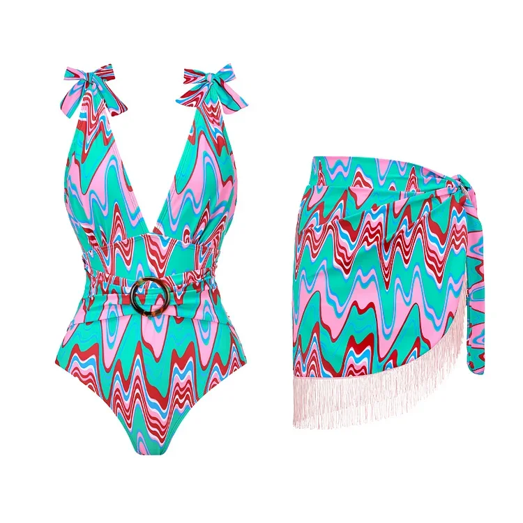 

2023 Green Ripple Print Acrylic Ring One Piece Swimsuit and Sarong Swimwear Set Women Beachwear Luxury Bathing Suit