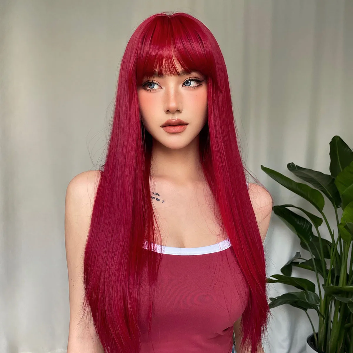 Light Wine Red Synthetic Wigs With Bangs for Women Long Straight Hair Wig Natural Cosplay Party Heat Resistant_voghion.com