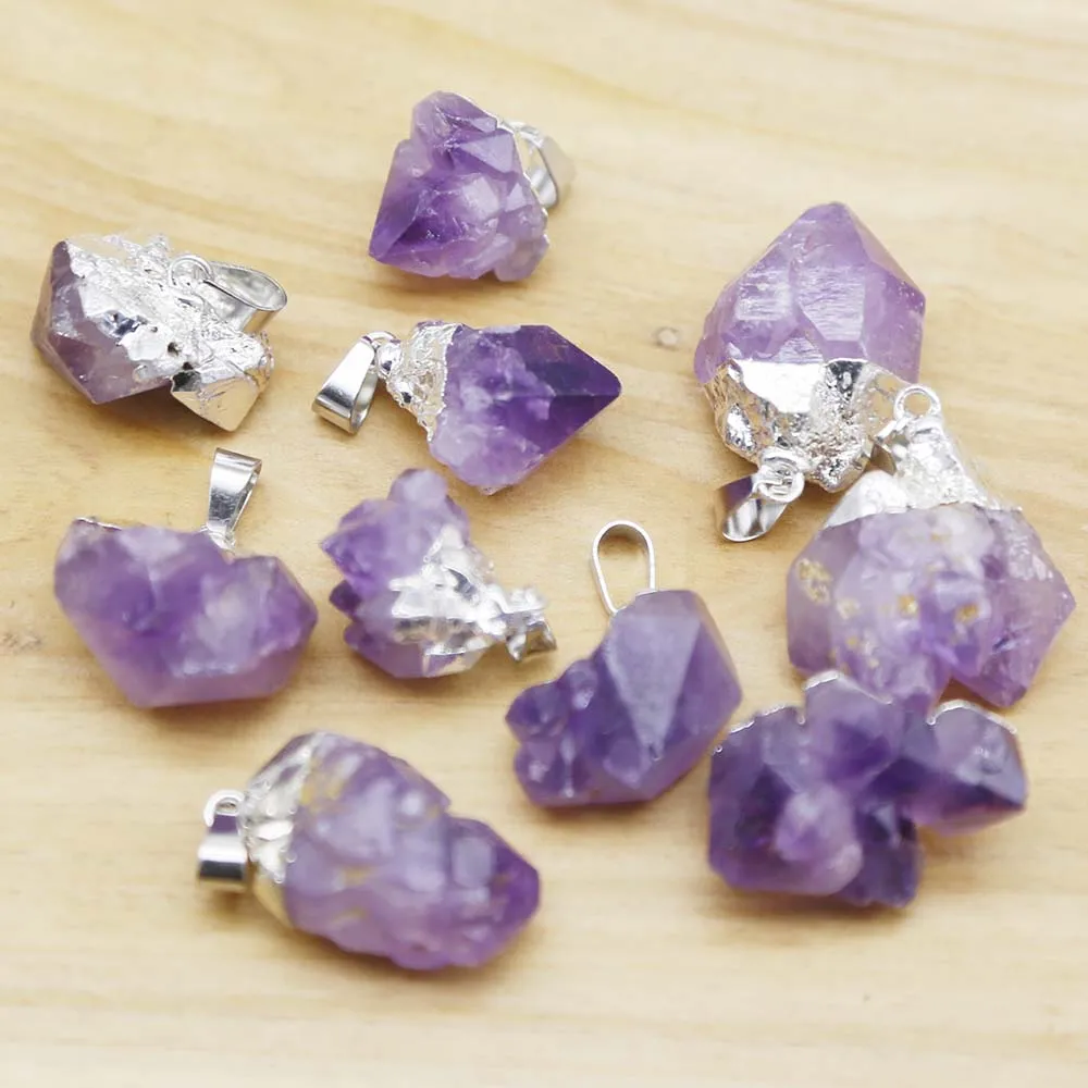 Natural Raw Ore Amethyst Irregular Electroplated Silver Necklace Pendant Charm Earrings Jewelry Gift Accessories Wholesale 12Pcs