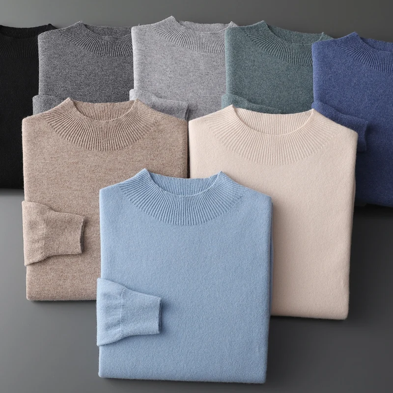 100% Pure Wool Cashmere Sweater Men's Half Turtleneck Pullover Casual Fashion Thickening Top Knitting Sweater 3