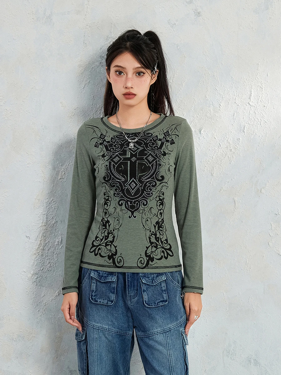 

Y2k Fairy Tops for Women Long Sleeve O Neck Rhinestone Cross Print Casual T-shirt Spring Autumn Clothes Streetwear