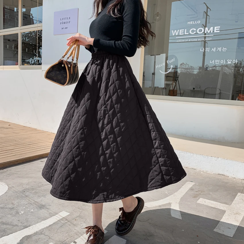 

2023 Winter Down Padded A-line Skirt Women Black Solid Pockets Long Skirts Thickening Warm Bottoms Jupe Chic Female 8922