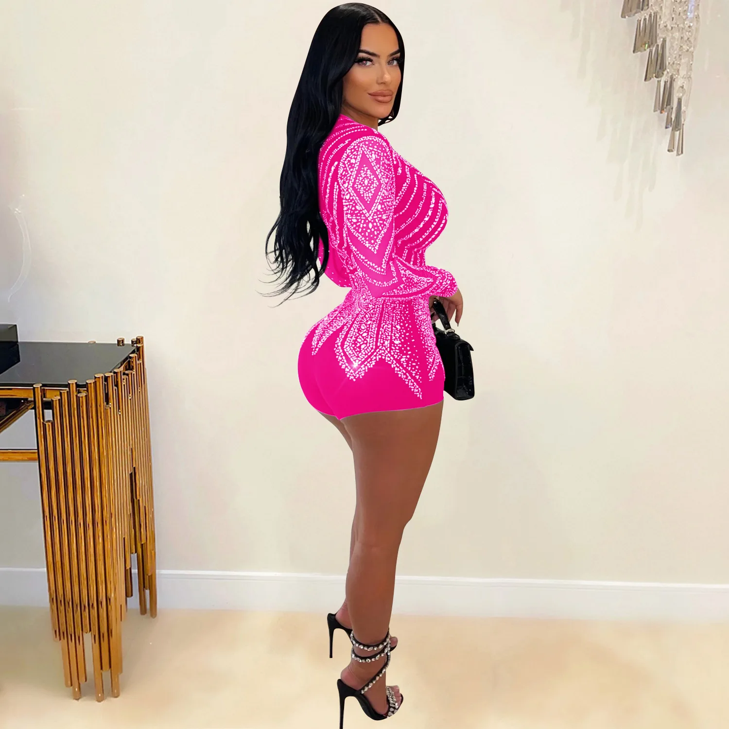 Luxury Deep V-neck Mesh Long Sleeve Night Club Party Romper Birthday Outfits Women Sparkly Diamonds Rhinestone Jumpsuit