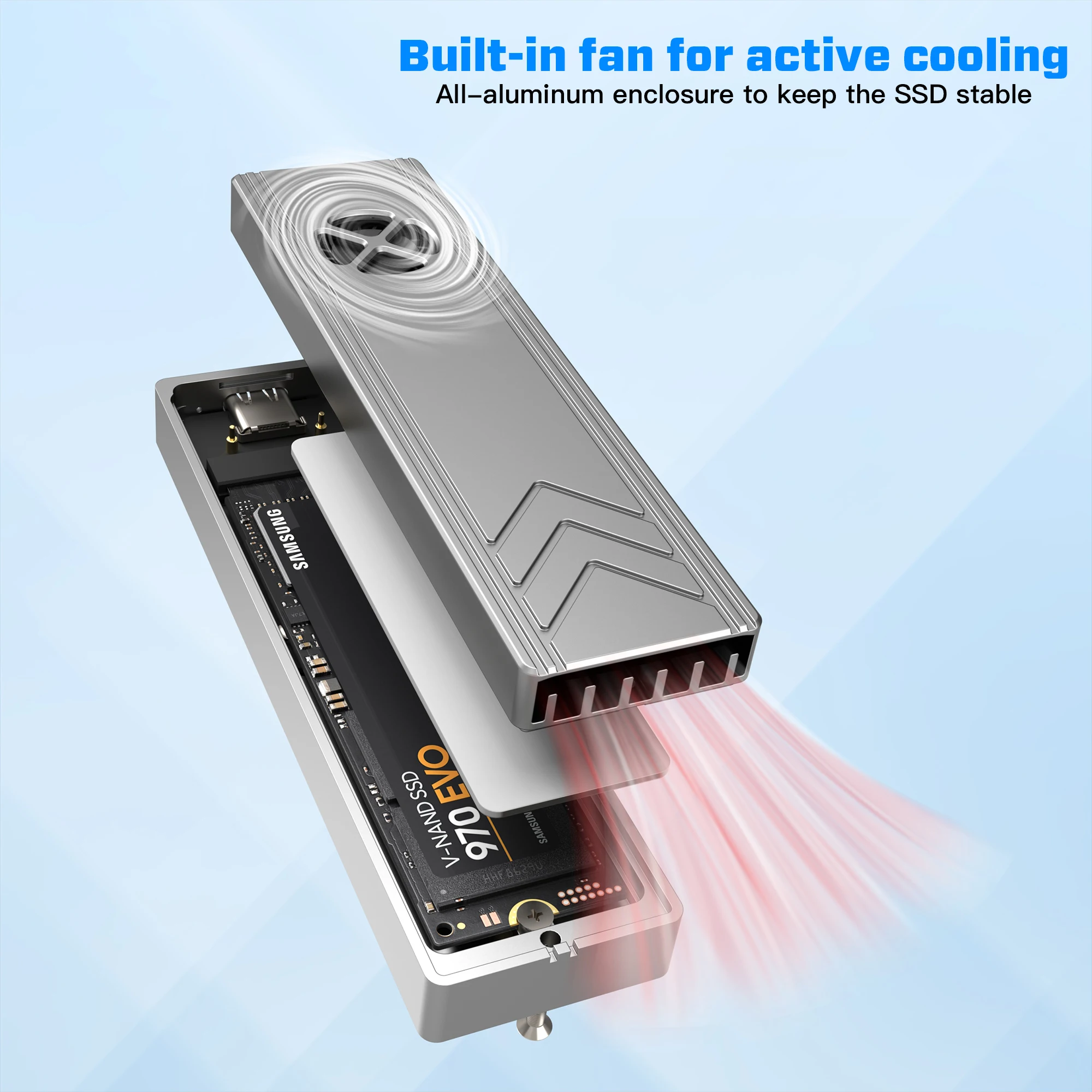 듀얼 프로토콜 M.2 SSD 케이스 (쿨링 팬 포함) M2 NVMe NGFF SATA SSD 디스크 지원 (팬 포함) PCIe M 키 및 B M 키 USB C 10Gbps