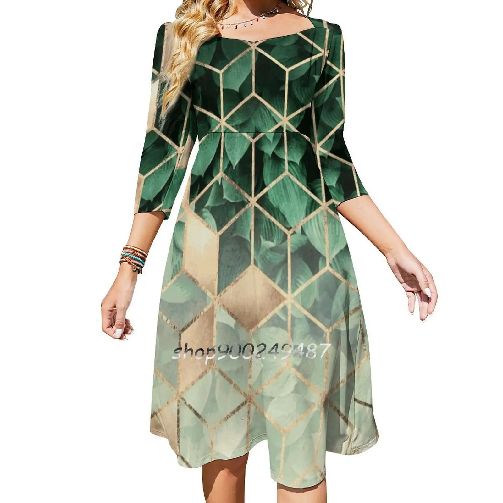

Leaves And Cubes Square Neck Dress Cute Loose Print Dresses Elegant Beach Party Dress Graphic Pattern Abstract Cubes Geometric