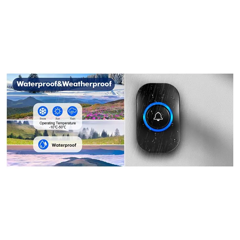 PHILE-IP55 방수 도어벨 차임벨, 60가지 멜로디, 5단계 음량 조절, 가정용 LED 점멸 디자인, EU 플러그 호환