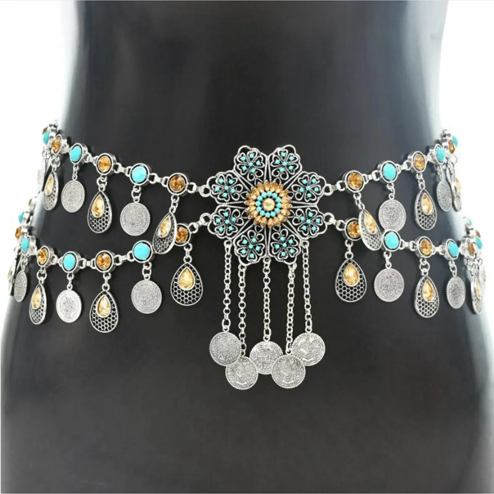 

Bohemian Belly Dance Chain Waist Belt Tassel Tribal Accessory Outfit Multi Layer Body Chain Body Jewelry Retro Style Waistband