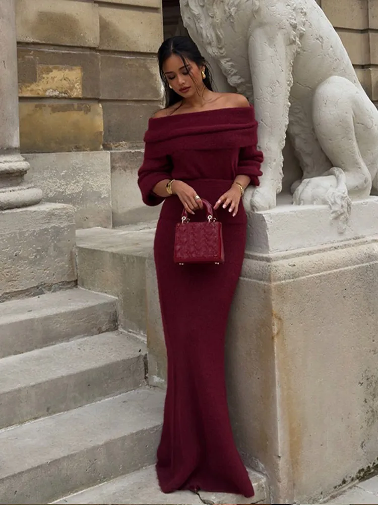 Women Elegant Red Off Shoulder Fold Knit Dress Fashion Long