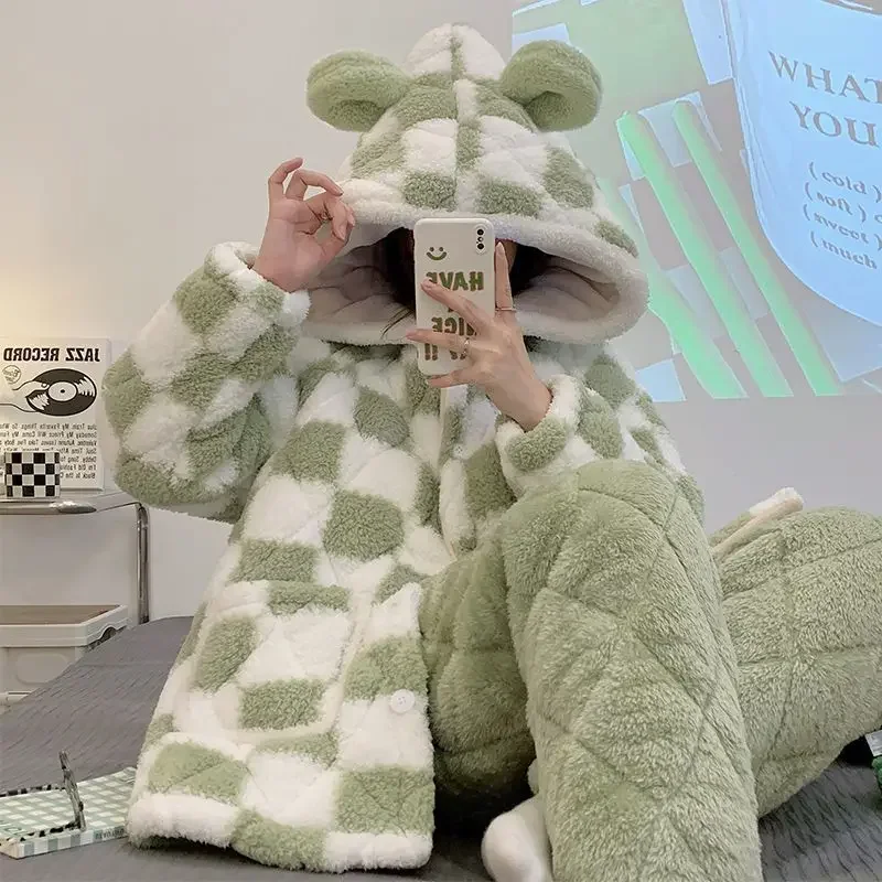 Pajamas Winter Sweet Students Plus Padd Sleepwear Suit Female Coral Velvet Flannel Cute Three-layer Cotton Home Clothes Set