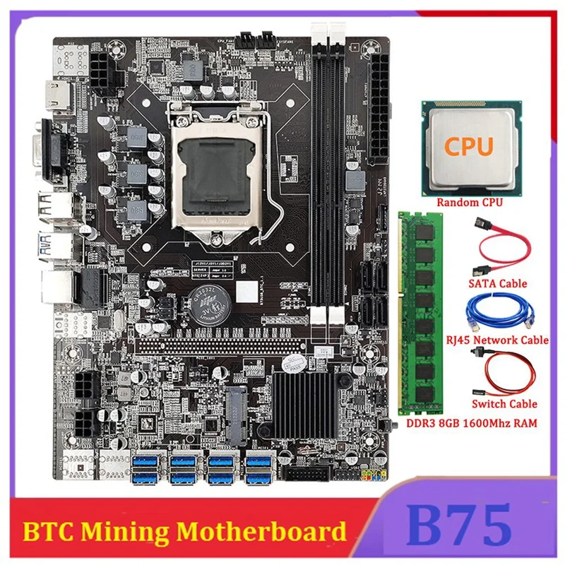 B75 ETH Mining Motherboard 8XPCIE to USB LGA1155+DDR3 8GB 1600Mhz+SATA Cable+RJ45 Network Cable+Switch Cable BTC Miner top pc motherboards