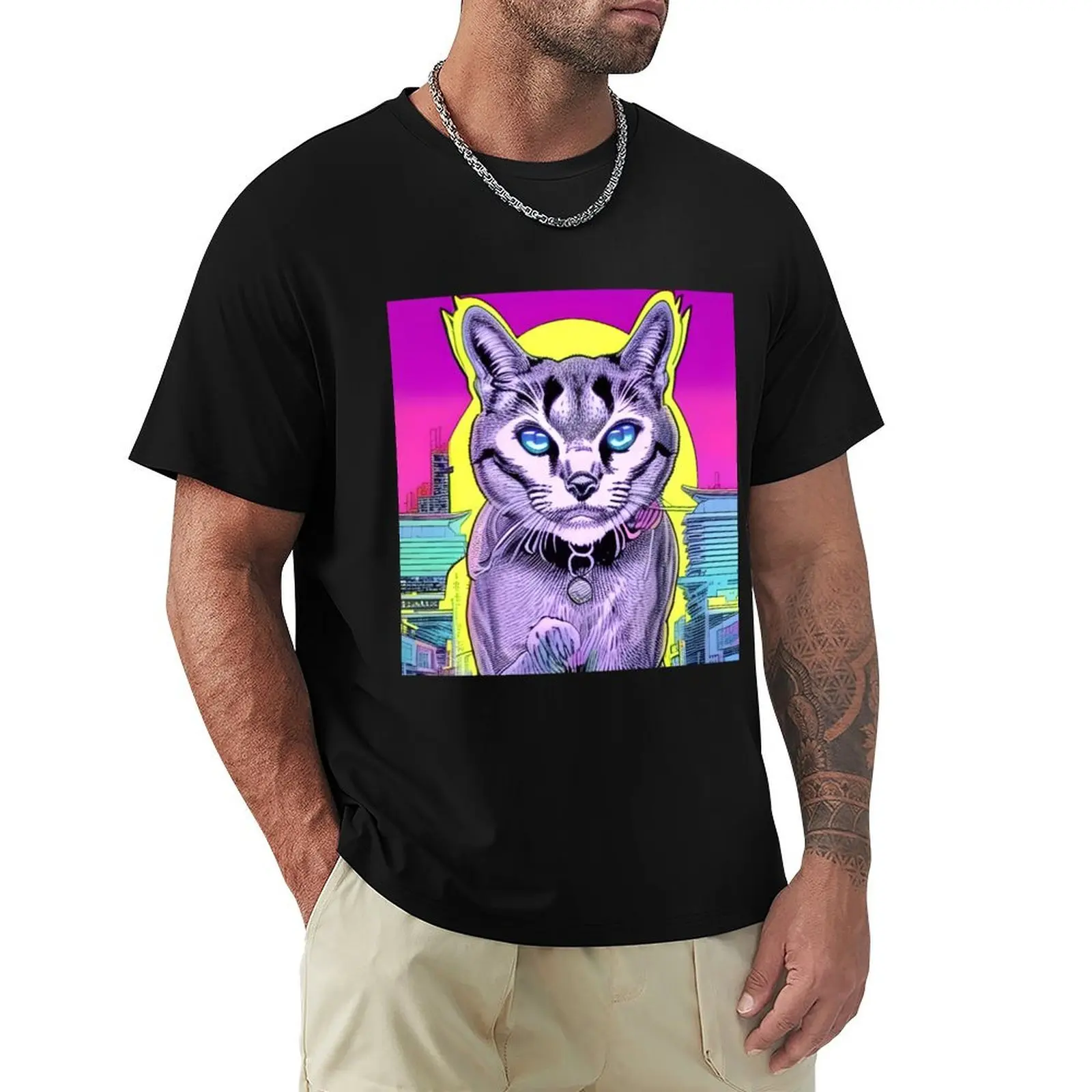 

Cat anime retro style T-Shirt tops anime clothes mens white t shirts