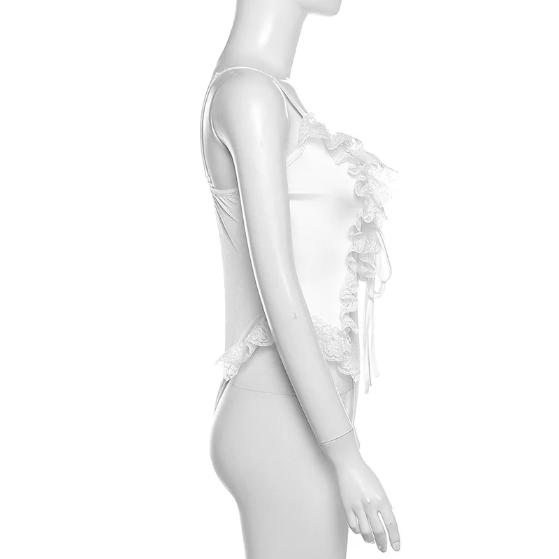 BKLD 2024 Summer Fashion Women Trending Clothing New Spaghetti Strap V-Neck Ruffles Patchwork Lace Sheer Slim Fit Bodysuit Tops