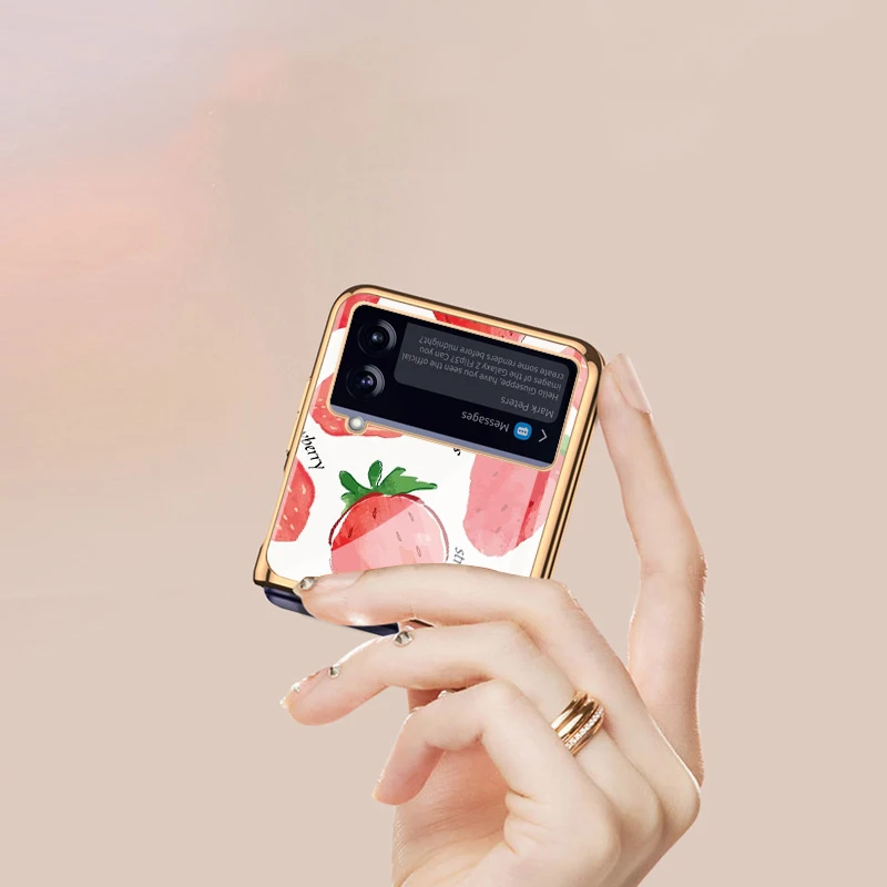 Z Flip 4 Funda Case for Samsung Galaxy Z Flip 4 3 2 Small Fresh Summer Fruit Plating Tempered Glass Protection Phone Case Cover